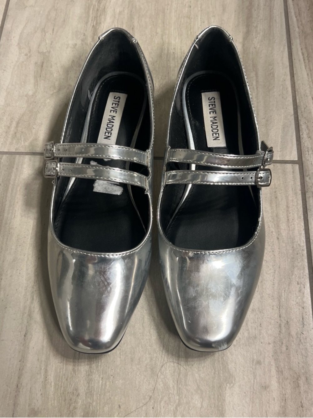 Steve Madden Metallic Silver Double-Strap Mary Jane Flats